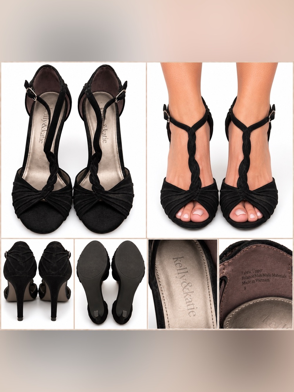 Kelly & Katie Black Braided T-Strap Heeled Sandals